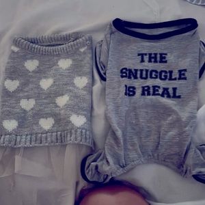 2pcs. Small pet dog Snuggle Is Real body suit grey & knit dress w/hearts & tutu